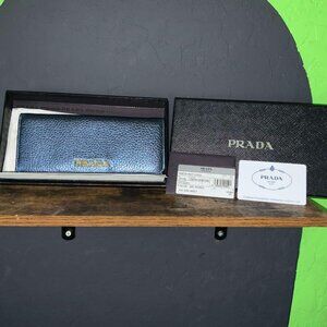 Prada Metallic Blue Vitello Daino Denim Mordore Wallet